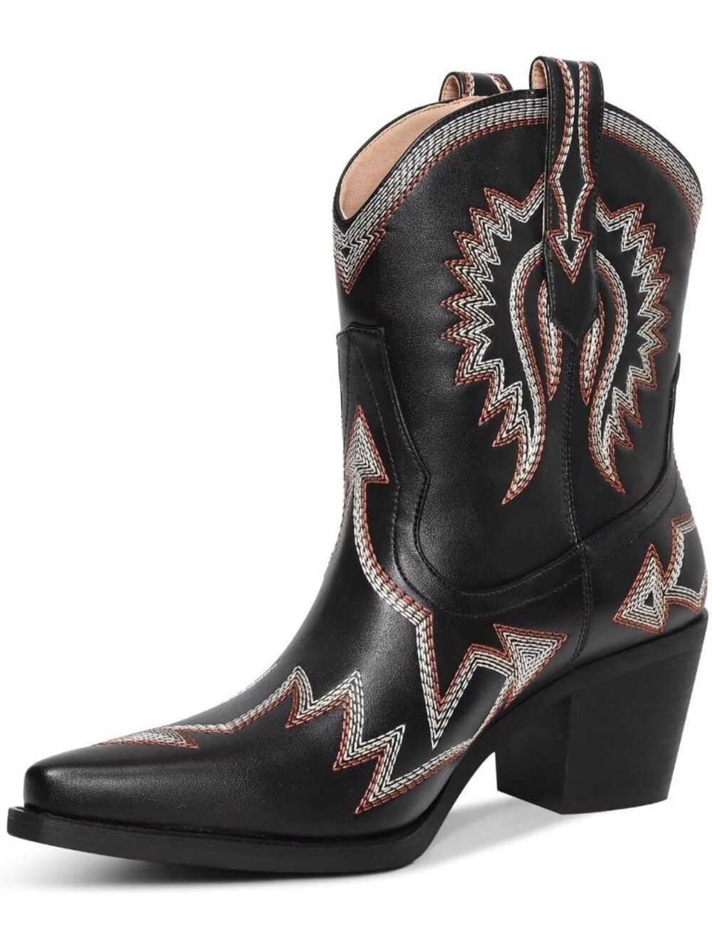 Women's Black Western Ankle Cowgirl Boots Chunky Pointed Toe Wide Calf Boots